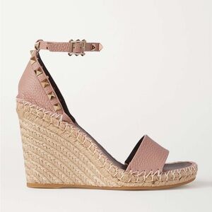 Valentino Garavani Rockstud Textured-Leather Espadrille Wedge Sandals